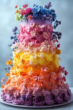 An elegant cake with multicolored cream frosting. The most delicious cake for the holiday.