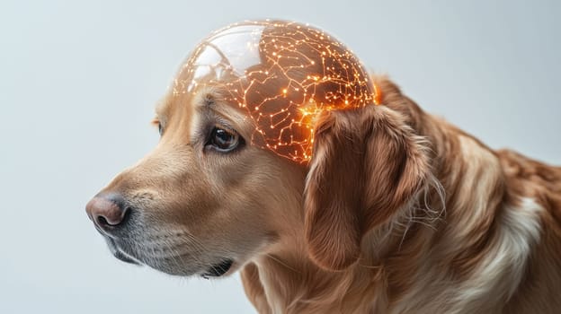A children's toy robot dog on a white background. Portrait of a futuristic pet.