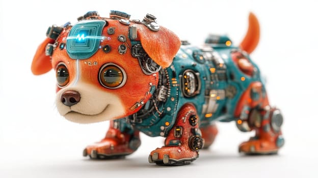 A children's toy robot dog on a white background. Portrait of a futuristic pet.