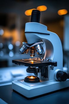 Science microscope Standing on a table in the lab. Medical room with a microscope.