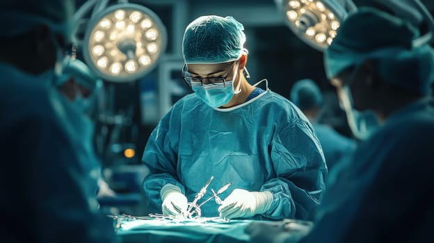 A surgeon performing an operation in a modern operating room, the doctor focuses on the patient during the operation.