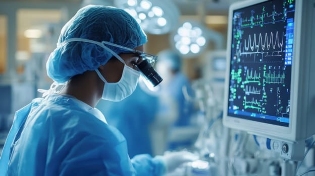 A surgeon performing surgery in a modern operating room looks at a monitor with data.