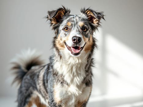 Adorable australian shepherd standing and panting in a studio with white background and natural light. Ai generated