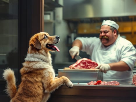 Dog watching a butcher skillfully cutting a fresh piece of red meat in a bustling butcher shop, filled with the aromas of quality food. Ai generated