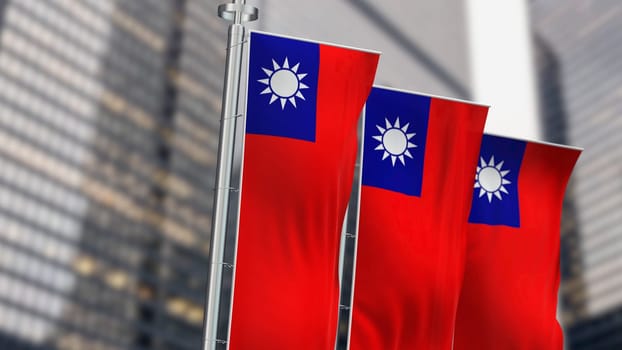 Taiwan flag waving in the wind. Red flag with white sun with 12 rays on blue rectangle. 3d illustration render. Selective focus. Textured background