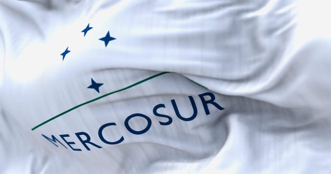 Close-up of Mercosur flag waving in the wind. South American trade bloc promoting economic integration and free trade among member countries. 3d illustration render. Selective focus