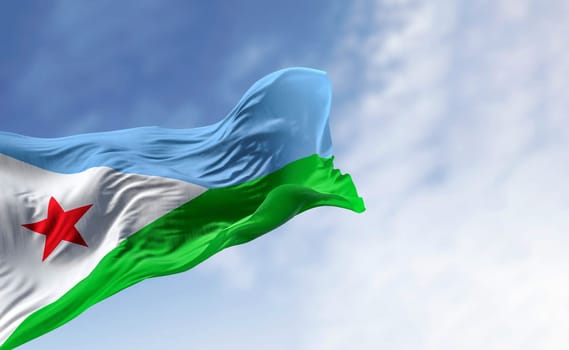 National flag of Djibouti waving on a clear day. Horizontal bicolor with equal bands of light blue and light green, with a white, equilateral triangle with a red star. 3d illustration render.