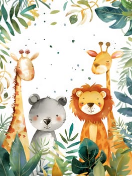 In the lush green jungle, a giraffe, lion, and bear stand happily next to each other as if part of an illustration of wildlife organisms. The scene almost looks like a toy art pattern come to life