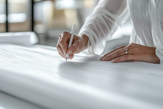 A dynamic business analyst captures key insights with a pen on paper in a modern office, showcasing professionalism and creativity in their work environment.