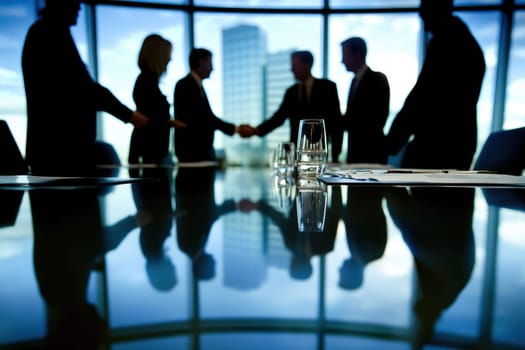 Professional executives engage in a meeting within a well-lit boardroom, showcasing silhouettes against a city backdrop. The ambiance reflects collaboration and strategic planning.