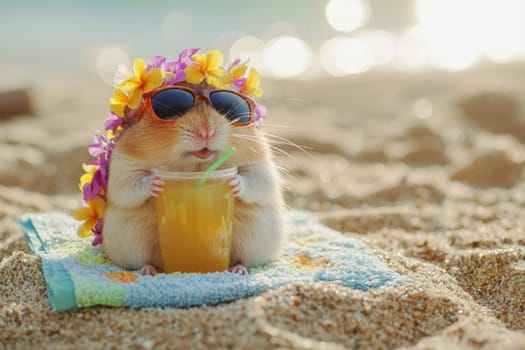 A delightful chubby hamster enjoys a summer day on a tiny beach towel, wearing sunglasses and surrounded by flowers, sipping a refreshing drink by the shore.