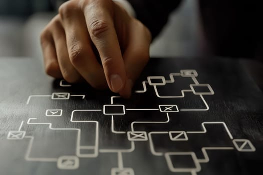 This image showcases a detailed digital flowchart strategy, illustrating interconnected elements designed for business planning and process management.