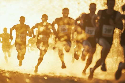 A group of determined runners sprints toward the finish line, surrounded by golden light and dust, capturing the essence of athletic competition and endurance.