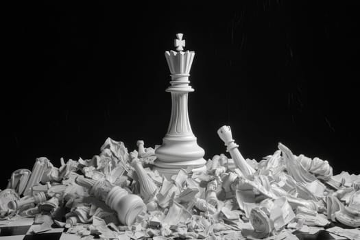 A stunning white king chess piece stands tall amidst a sea of chess components on a black chessboard, symbolizing strategy and elegance in the game of chess.