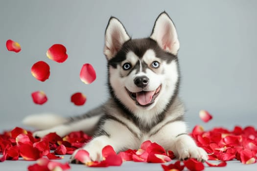 A delightful husky puppy lies on a soft studio backdrop, surrounded by vibrant rose petals. With a joyful expression and striking blue eyes, this charming pet radiates warmth and playfulness.