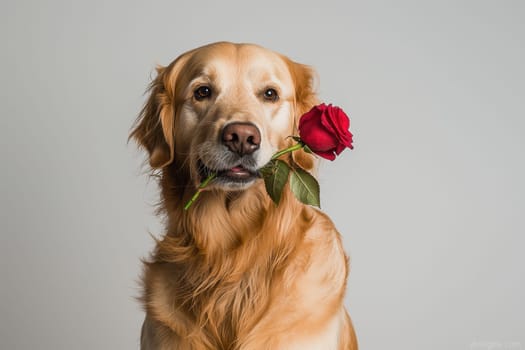 A charming golden retriever proudly holds a single red rose in its mouth, showcasing a blend of beauty and playfulness, perfect for expressing love or affection.