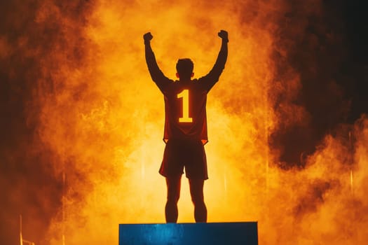 A silhouette of a champion runner stands triumphantly on a podium, arms raised in victory. Dramatic glowing smoke surrounds the scene, capturing the excitement of triumph and achievement in sports.