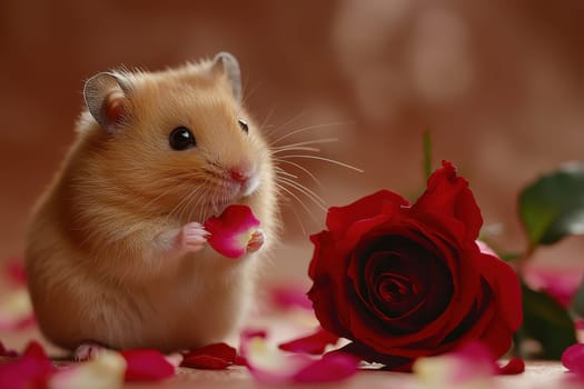 A tiny hamster sits contentedly holding a delicate rose petal, surrounded by vibrant red rose petals, creating a charming and serene moment of beauty.