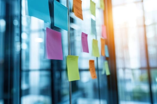 A modern open office space featuring colorful sticky notes on a glass wall, illustrating teamwork and collaboration in a creative environment.