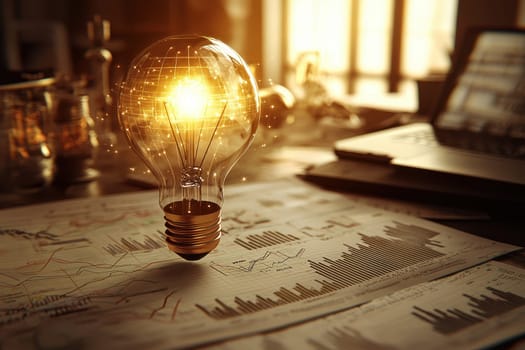 A glowing lightbulb hovers elegantly above a desk filled with charts and graphs, symbolizing innovative ideas and bright futures in a modern workspace.