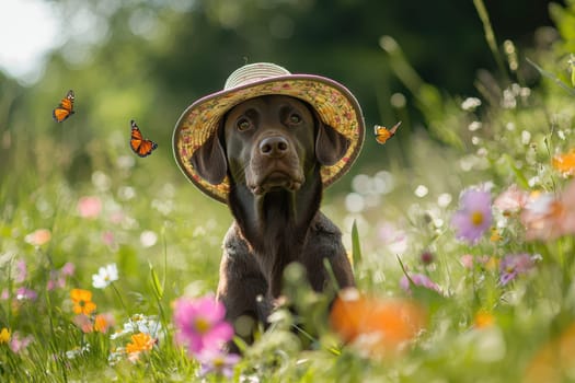 A charming dog sits on lush green grass, wearing a colorful summer hat. Surrounded by blooming flowers and fluttering butterflies, this delightful scene captures the essence of a sunny day in nature.