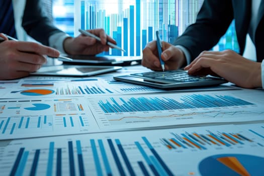 Two business professionals engage in a handshake after a productive investment meeting, with financial charts and reports reflecting their recent collaboration.
