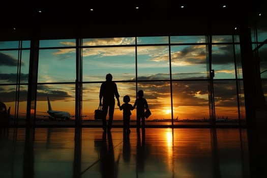 A captivating silhouette of a family at an airport, ready to board their flight as the sun sets, creating a warm and inviting atmosphere.