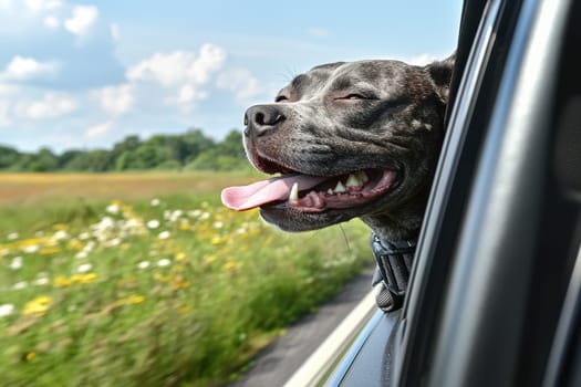A joyful dog leans out of a car window, enjoying the breeze and sunshine with its tongue out. A scenic landscape of grass and flowers complements this happy moment.