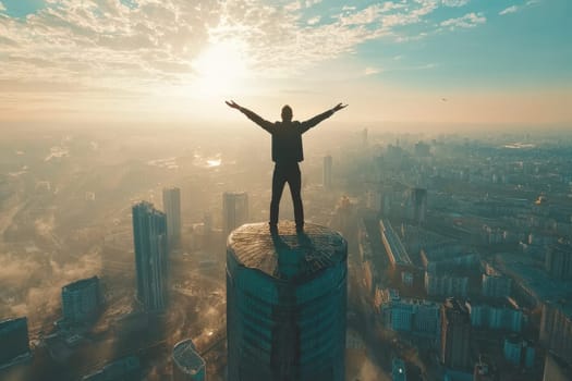 A dramatic high angle shot captures a successful entrepreneur standing triumphantly on a rooftop at sunrise, arms wide open, symbolizing freedom and opportunity.