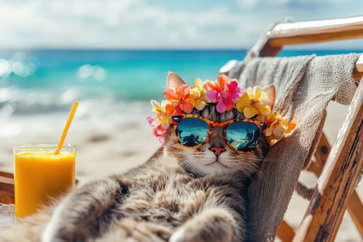A sleepy cat adorned with a floral crown and stylish sunglasses relaxes on a beach chair, enjoying a sunny day by the ocean, accompanied by a refreshing drink.