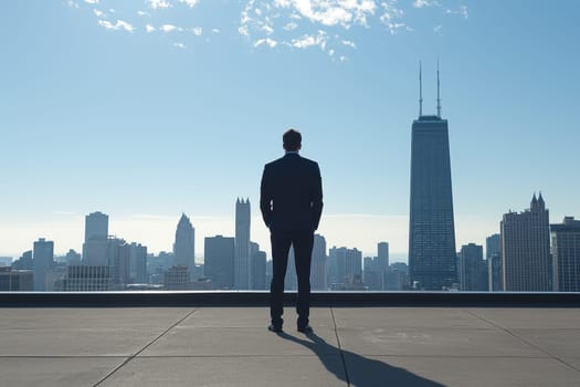 A lone executive stands at the edge of a high rise, gazing over an expansive city skyline, embodying ambition and contemplation against a clear sky.