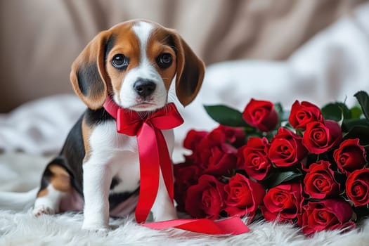 This charming beagle puppy, adorned with a bright red ribbon, sits beside a stunning bouquet of fresh red roses. Perfect for pet lovers!