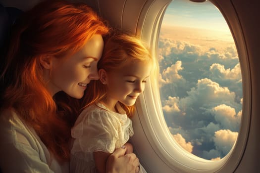 A heartwarming scene of a mother and daughter sharing a joyful moment together while looking out an airplane window