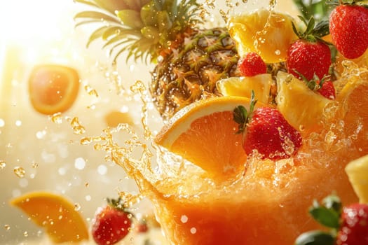 Experience a vibrant burst of tropical fruit juices in this dynamic scene. Juicy oranges, luscious strawberries, and fresh pineapple create a refreshing splash of flavor and vitality.