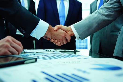 Two business professionals engage in a handshake after a successful investment meeting, symbolizing trust and collaboration in the corporate environment.