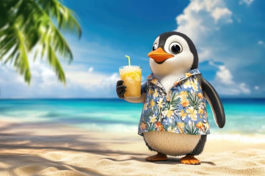 A joyful penguin in a colorful Hawaiian shirt holds a refreshing drink, set against a stunning tropical beach backdrop. Perfect for summer themes!