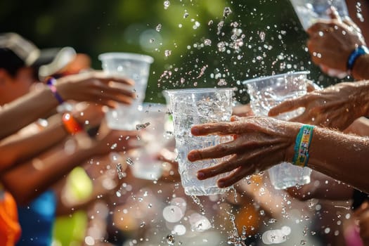 A dynamic moment captured as runners grab water cups during a mid-race event, with splashes creating an energetic scene of hydration and competition.