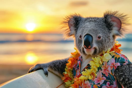 A relaxed koala wearing a vibrant floral Hawaiian shirt enjoys a serene sunset by the beach, surrounded by calm ocean waves and warm colors, capturing a playful and cheerful moment in nature.
