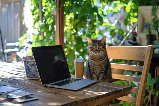 A modern workspace featuring a laptop and a cup of iced coffee sits on a wooden table, embraced by vibrant greenery and accompanied by a curious cat.