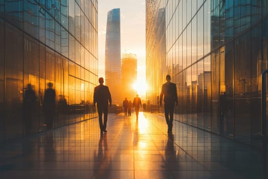 Captivating panoramic shot of professionals walking toward a sunset between glossy glass buildings, showcasing a vibrant urban atmosphere and a sense of purpose.