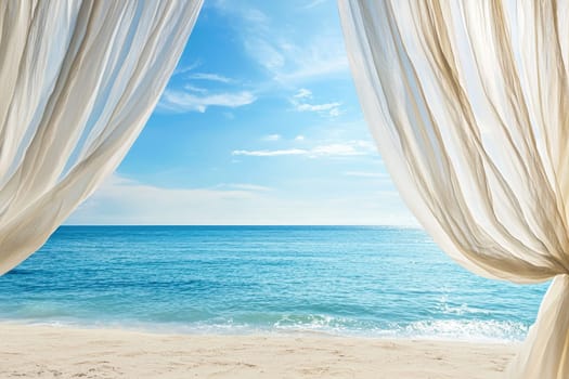 Experience the serene beauty of a luxurious beach cabana with white flowing curtains framing a stunning ocean view, perfect for relaxation and escape.
