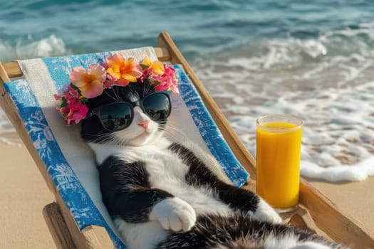A sleepy tuxedo cat wearing stylish sunglasses and a floral crown relaxes on a beach chair. This adorable scene captures the essence of summer fun and leisure by the sea.