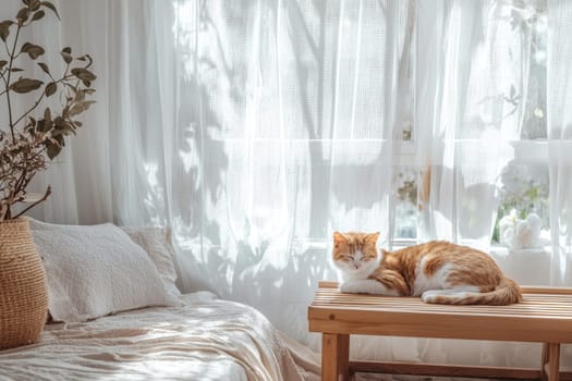 A cozy bedroom scene inspired by summer, featuring a sleeping cat basking in natural light, accented with neutral tones and soft textiles.
