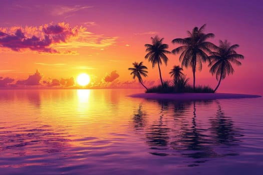 Experience a breathtaking tropical island sunset with vibrant colors reflecting off serene waters, creating a tranquil and peaceful atmosphere ideal for relaxation and escape.