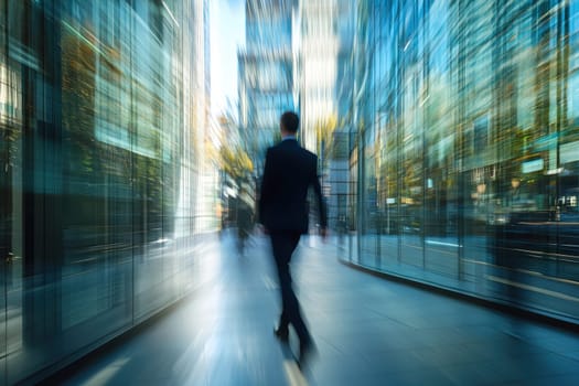 A modern businessman strides confidently through an urban environment, capturing the essence of city life with a blurred backdrop that conveys motion and energy.