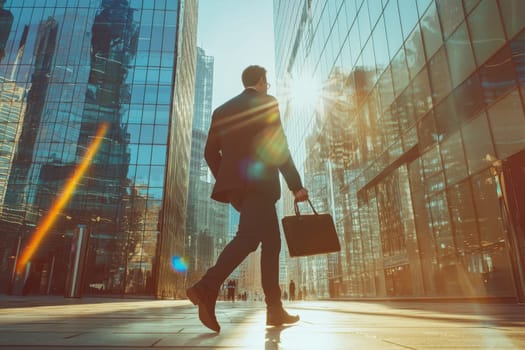 A professional business leader walks confidently through a bustling urban plaza. The sunlight reflects off the skyscrapers, highlighting a vibrant corporate atmosphere.