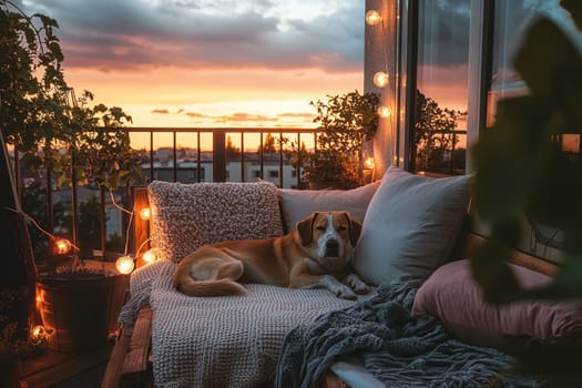 Enjoy a cozy outdoor balcony setup featuring a sofa, soft blankets, and a relaxed dog. The serene sunset casts warm tones over the city skyline, creating a tranquil atmosphere for relaxation.