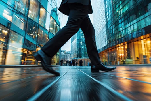 A modern businessman captured mid-step while walking on a sleek urban sidewalk, surrounded by reflective glass buildings and a dynamic city atmosphere.