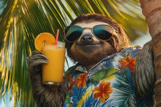 A cheerful sloth wearing sunglasses and a Hawaiian shirt holds a vibrant tropical drink while leaning against palm leaves, radiating joy and relaxation.