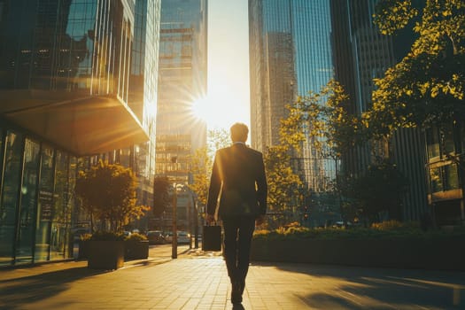 A business leader walks through a corporate plaza at sunset, surrounded by modern buildings and greenery. The glowing sun creates a vibrant cityscape.